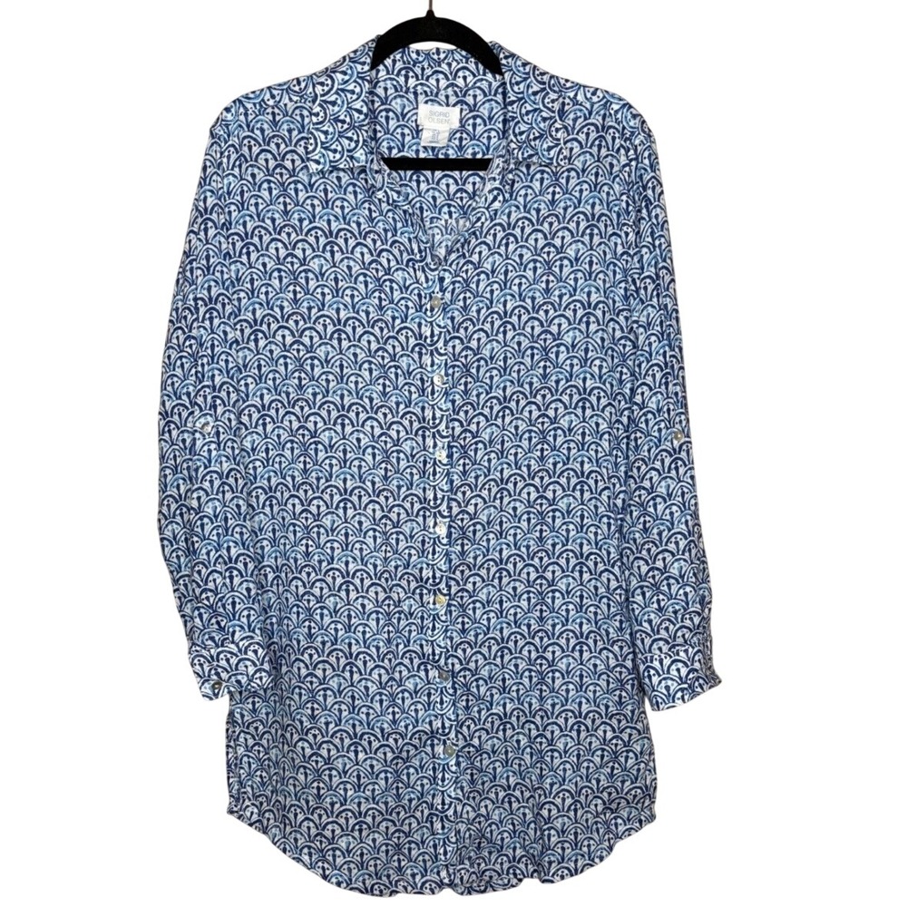 Sigrid Olsen Tunic Shirt Small Blue White Geometric Linen Blend Roll Tab Sleeve